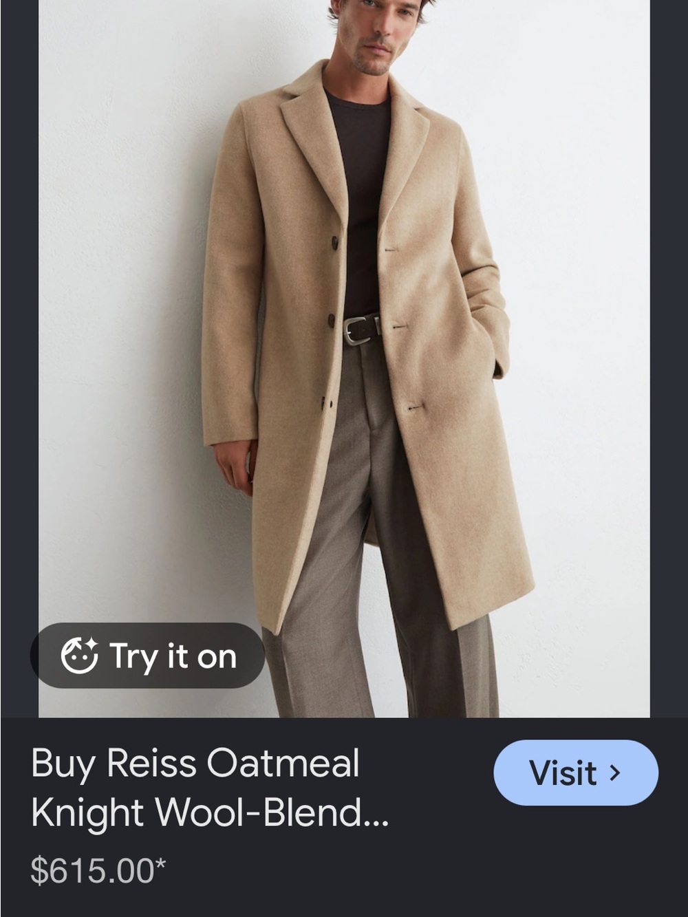 Reiss Camel Wool-Blend Single-Breasted Overcoat